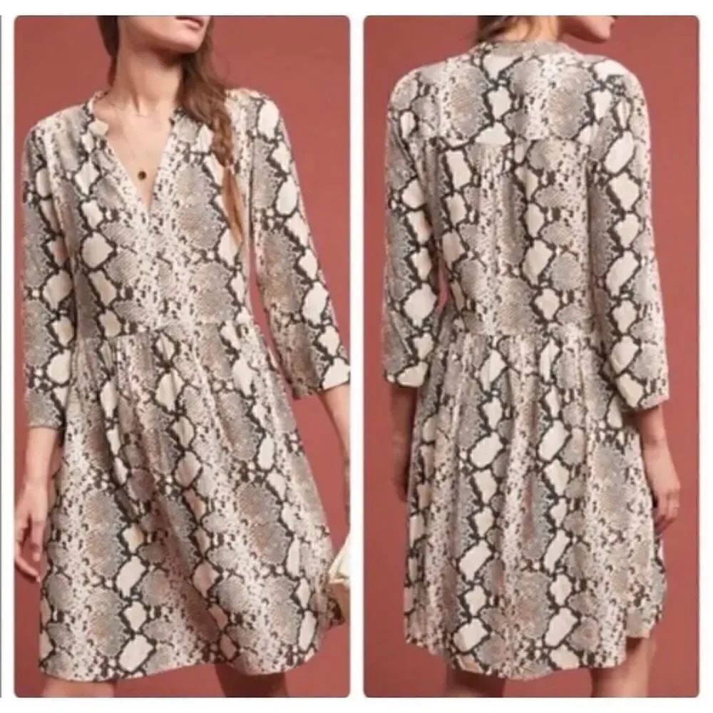 Anthropologie Women’s Juno Snake Skin Print 3/4 Sleeve Dress Brown Size XS